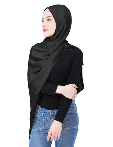 Luxury Silky Satin Hijab for Women, Shimmer Crinkle Muslim Head Scarf, Graceful Feminine Charm - color: Black