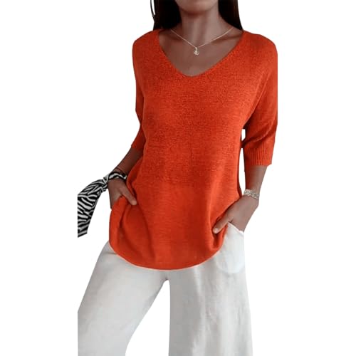 Womens Workout Tops Lightweight Long Sleeve Spring Sexy V Neck Cute Off The Shoulder Oversized Thin Tunic Sweater - color: Orange, size: XX-Large