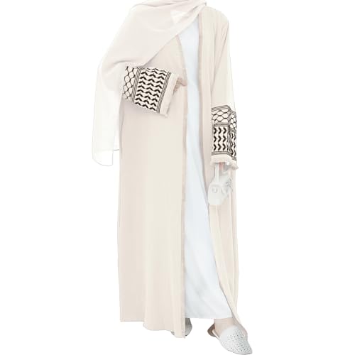 Muslim Dresses for Women Ramadan Kimono Long Sleeve Embroidered Islamic Cardigan Prayer Dress Abaya Kaftan with Belt - color: Apricot, size: Small
