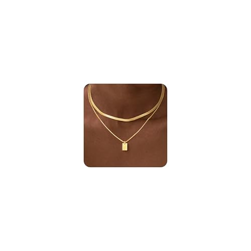 14K Gold Plated Layered Initial Necklace for Women with Herringbone Chain | Herringbone Choker & Letter Pendant, Waterproof Non-Tarnish Adjustable Snake Chain, 2Pcs Minimalist Stacking Jewelry Gift - color: P