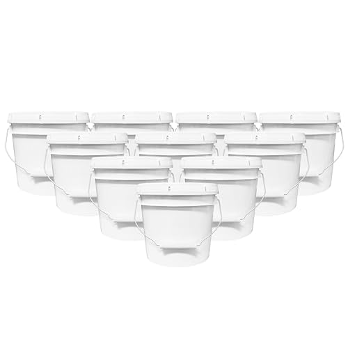 1-Gallon Bucket with Airtight Lid – Made in USA, Food Grade BPA Free Plastic, Heavy Duty Multi-Use, Metal Handle with Grip, Stackable Storage – White, 10 Pack - color: White, size: 10