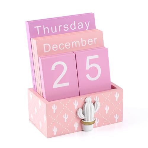 Notakia Perpetual Calendar Wooden Blocks Vintage Wood Block Calendar for Home Office Desk Accessories Week Month Date Display (Pink Calendar) - color: Pink Calendar