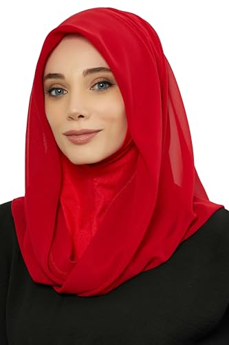 Aisha's Design Pre-tied Cotton-Chiffon Scarf for Women Practical Veil Instant Scarf Hijab Stylish Design - color: Red