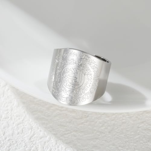 Dreamtimes Islamic Ayatul Kursi Ring for Women Men Muslim Quran Allah Rings Ayatul Kursi Arabic Calligraphy Adjustable Open Ring for Men Islam Eid Ramadan Gifts - style: Silver-1