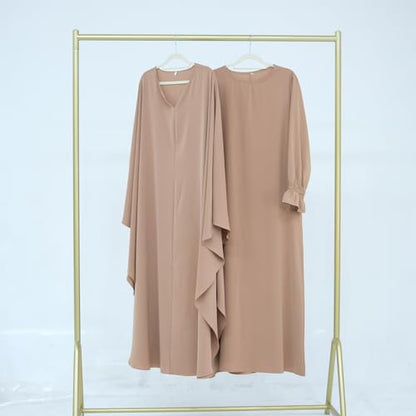 2PCS Women's Muslim Abaya Dress Lace Cuffs Islamic Dubai Prayer Robe Smooth Flowy Muslim Women Clothes - color: Khaki, size: Medium