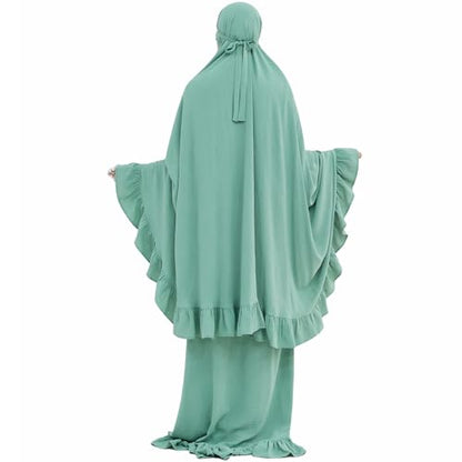2PCS Women Muslim Prayer Abaya Dress Ruffle Trim Side Pockets with Khimar - color: Light Green, size: Large