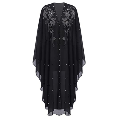 OBEEII Muslim Dress for Women Loose Batwing Sleeved Hooded Beaded Embroidery Long Abaya Dress Kaftan Abayas Islamic Robe - color: Bs01