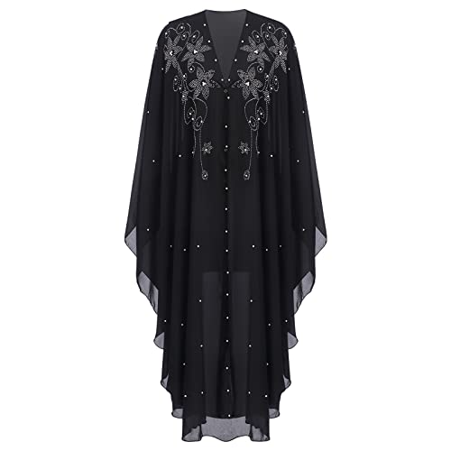 OBEEII Muslim Dress for Women Loose Batwing Sleeved Hooded Beaded Embroidery Long Abaya Dress Kaftan Abayas Islamic Robe - color: Bs01