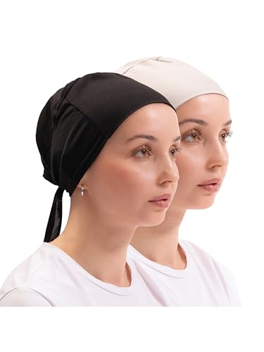FabNest Women Hijab Undercap Islamic Muslim Under Scarf Hats Bonnet with Tie Back Non-Slip Breathable and Snug-Fit - color: Black + Sand Beige (2pcs)