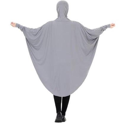 Muslim Abaya Dress for Women Highly Stretchy Batwing Hooded Prayer Hijab - color: Gray, size: Medium