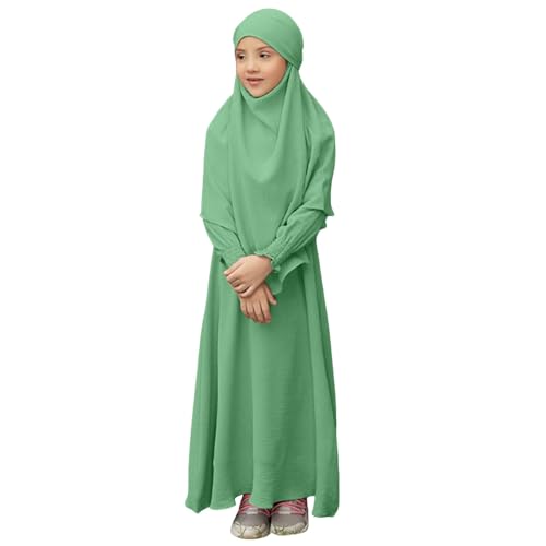 Muslim Clothes for Girls Toddler Kids Abaya Long Sleeve Dress Cotton Full Cover Hijab Islamic Kaftan Prayer Dresses - color: Mint Green, size: 3-4T