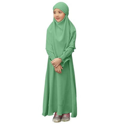 Muslim Clothes for Girls Toddler Kids Abaya Long Sleeve Dress Cotton Full Cover Hijab Islamic Kaftan Prayer Dresses - color: Mint Green, size: 3-4T