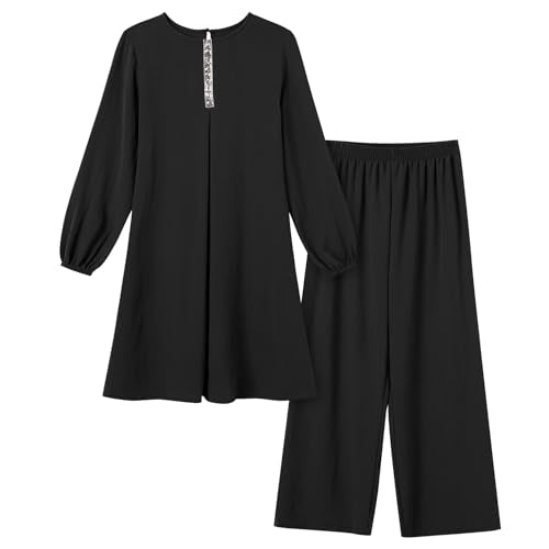 Abayas Dress For Women Muslim Long Sleeve Loose Top Pants 2 Pcs Dubai Islamic Muslim Women Matching Sets - color: Black B, size: XX-Large