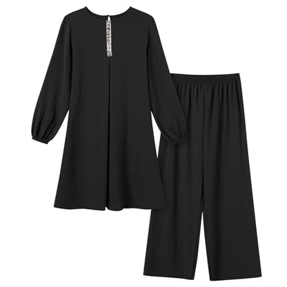 Abayas 여성용 드레스 무슬림 긴소매 루즈 탑 팬츠 2피스 두바이 이슬람 무슬림 여성용 매칭 세트 - color: 블랙 B, size: L