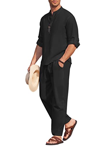 COOFANDY Men's 2 Pieces Cotton Linen Set Long Sleeve Henley Shirts Casual Beach Pants With Pockets Summer Yoga Outfits - color: Black, size: Small