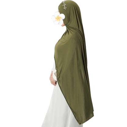 khalat Instant Hijab 여성용 무슬림 샤이니 라인스톤 데일리 스카프 부드럽고 신축성 있는 단색 이슬람 기도 히잡 - color: 아미 그린.