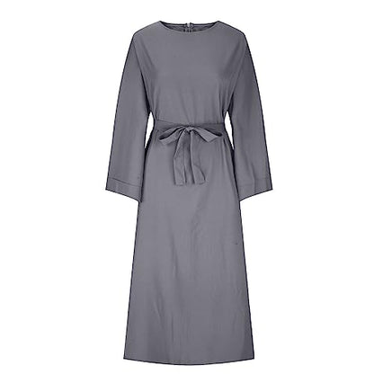 Ctreela Abaya Muslim Dresses for Women Girls Pockets Islamic Prayer Clothes with Tie Waist Ramadan Tarawih Sawm Outfits - color: Gray, size: Small