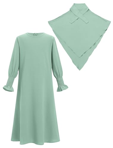 IDOPIP Muslim Dress for Girls Islamic Prayer Abaya Smocked Long Sleeve Kaftan Robe Dresses with Hijab Ramadan Dubai Outfits - color: Green, size: 3-4 Years