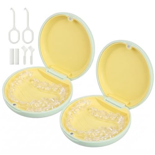 2 Pack Retainer Case, Slim Aligner Case for Invisalign with Tool Kit | 2 Pack Slim Magnetic Retainer Case for Invisalign • Pocket-Size for Travel • Full Kit: Removal Tool, Seater & Brush - color: 2 Pack - Sage Green