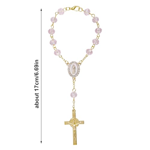 Car Rosary for Rearview Mirror, Pink Car Rosary Small with Cross Pendant Charm Ornament Purple Mini Religious Hanger Gift Catholic Hanging Wedding Women Accessories for Vehicle Rear View Mirror