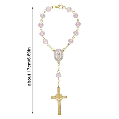 Car Rosary for Rearview Mirror, Pink Car Rosary Small with Cross Pendant Charm Ornament Purple Mini Religious Hanger Gift Catholic Hanging Wedding Women Accessories for Vehicle Rear View Mirror