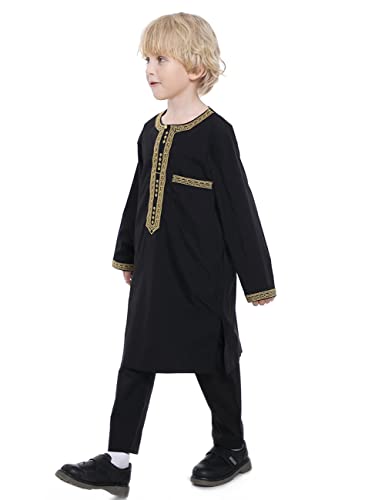 Boy's Muslim Clothing Kaftan Set - Middle East Youth Embroidered Robe Suit Round Neck Islamic Dress Arabic Wear - color: Black, size: 120CM
