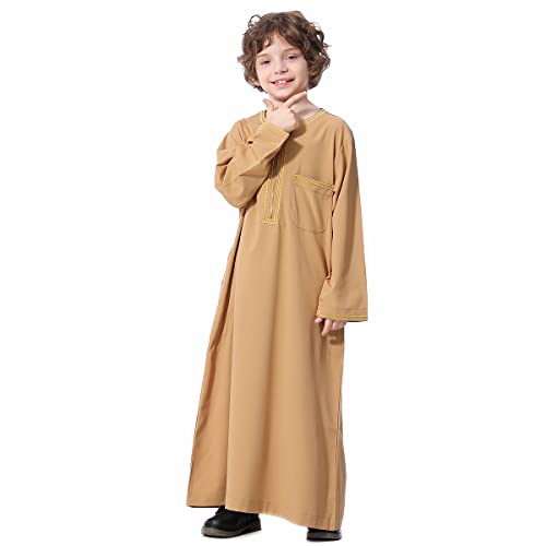 OBEEII Boy's Muslim Arab Solid Color Thobe Long Sleeve Kaftan Embroidered Robe Islamic Arabic Abaya Thobe - color: Brown, size: 11-12 Years