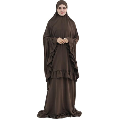 2PCS Abayas for Women Muslim Dress Ruffled Hem Modest Prayer Robe Full Coverage Modest Jilbab Set - color: Coffee, size: Large