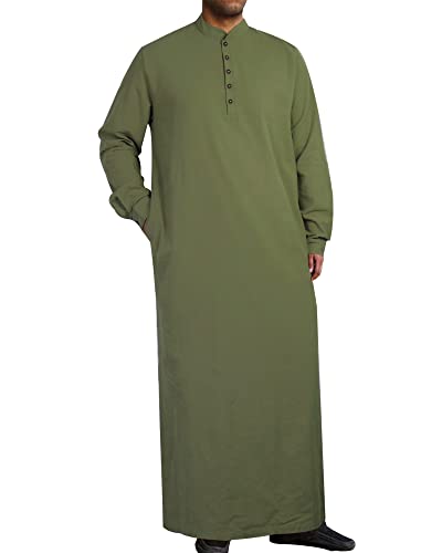 YAOHUOLE Muslim Thobe for Men Button down Mens Caftans Big and Tall Mens Arab Thobe with Pocket - color: Army Green, size: XX-Large