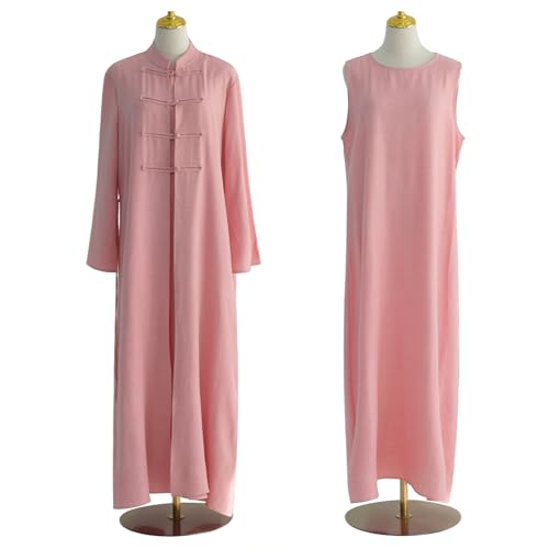 2PCS Women Muslim Abaya Dress Stand Collar Full Coverage Cardigan Dress Set - color: Pink, size: Medium