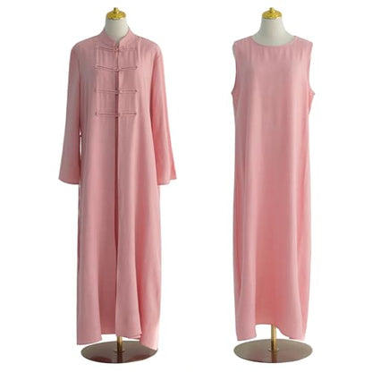 2PCS Women Muslim Abaya Dress Stand Collar Full Coverage Cardigan Dress Set - color: Pink, size: X-Large