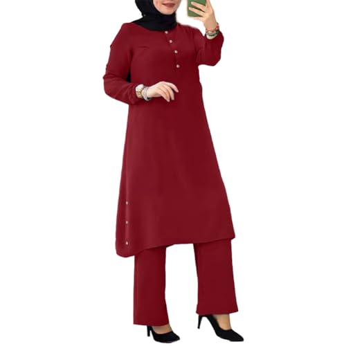 IDOPIP Women's Muslim Abaya Dress 2 Pieces Set Long Sleeve Button Down Shirt and Pants Casual Arabic Islamic Dubai Outfits - color: Wine Red, size: 3X-Large