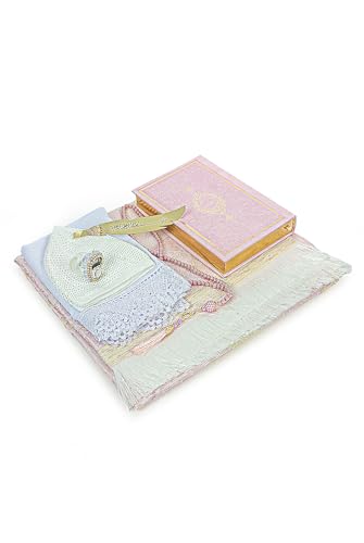 ihvan online Muslim Prayer Rug Set, Islamic Dowry Gift Box for Men & Women, Shawl, Kufi Hat, Digital Beads Counter, Quran Gift, Elegant Islamic Gifts Set for Ramadan & Eid & Wedding, Pink - color: Pink