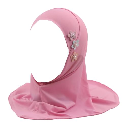 Girls Muslim Hijab Arab Scarf Islamic Headscarf for Kids with 3 Flowers - color: Pink-3 Flowers