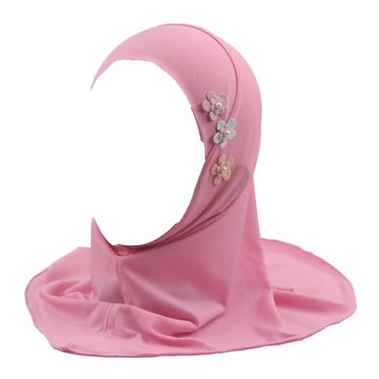 Girls Muslim Hijab Arab Scarf Islamic Headscarf for Kids with 3 Flowers - color: Pink-3 Flowers