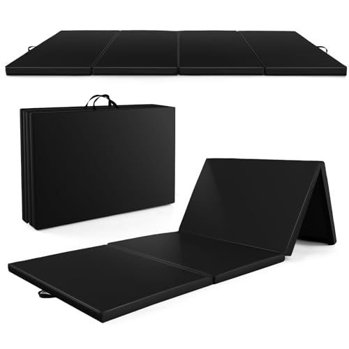Goplus Folding Gymnastics Mat, 10’ x 4’ x 2’’ Thick Tumbling Mats with PU Leather, Hook & Loop Fasteners, Portable Handles, 4-Panel Exercise Mat for Home Gym Workouts, Yoga - color: Black