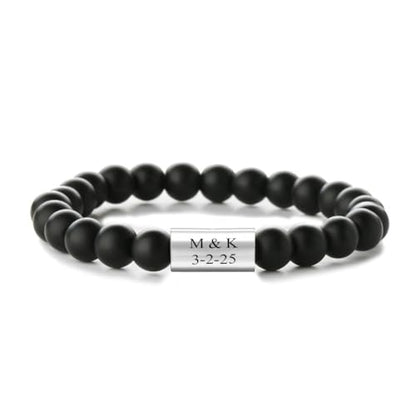 Religious Cross Symbol | Christian Ichthy | Yin Yang Tai Chi 8mm Natural Stone Bead & Cylinder Stainless Steel ID Stretch Bracelet for Men Women - style: Agate-Custom Text
