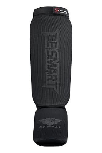 Be Smart MMA Shin Guards for Kickboxing, Muay Thai & Martial Arts – Padded Instep Protection, Lightweight Cotton Elastic Shin Pads – Adult & Youth Training Gear - color: Black/Black, size: Large-X-Large