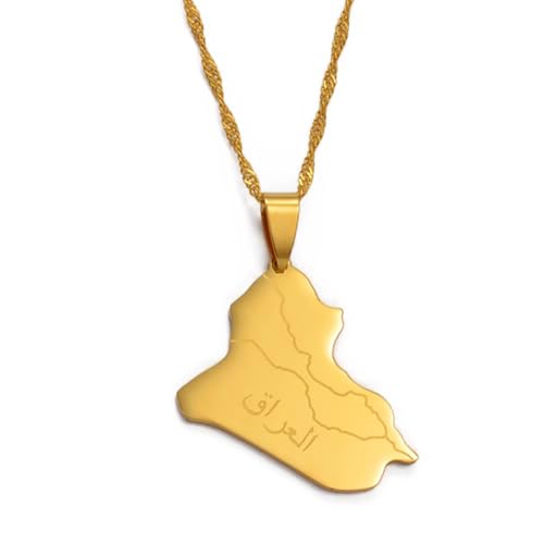 Iraq Map Flag Pendant Necklace for Women and Men – Stainless Steel Allah Name Iraq Map Pendant Necklaces - Meaningful Iraq Jewelry Gift - color: Gold 2