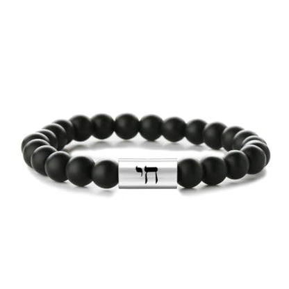 Religious Cross Symbol | Christian Ichthy | Yin Yang Tai Chi 8mm Natural Stone Bead & Cylinder Stainless Steel ID Stretch Bracelet for Men Women - style: Agate-Chai Symbol of Life