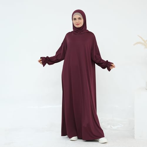 Muslim Dress for Women Pakistani Kaftan Abaya Robe Arabic Islamic Prayer Clothes Dubai Outfits - color: Wine Red