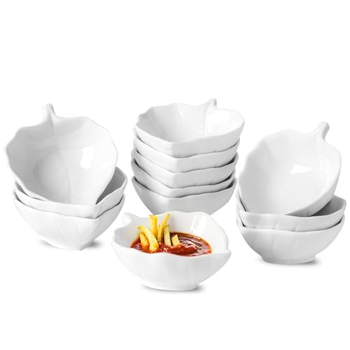 UIBFCWN 12 Pack Soy Sauce Dishes, 1.5oz Ceramic Dip Bowls, Mini Serving Bowls for Side Dishes, White Dipping Sauce Cups/Dishes, Small Sauce Bowls for Sushi, ketchup, Olive Oil, Spices - color: Leaf, size: 12 Pack