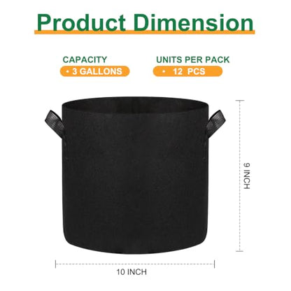 12-Pack 3 Gallon Grow Bags, 300G Thickened Nonwoven Garden Pots,Heavy Duty Fabric Pots with Reinforced Handles - size: 3 Gallons