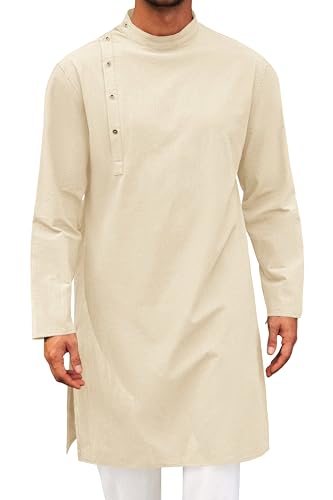Runcati Mens Kaftan Thobe Robe Long Sleeve Muslim Gown Kurta - color: Beige, size: XX-Large
