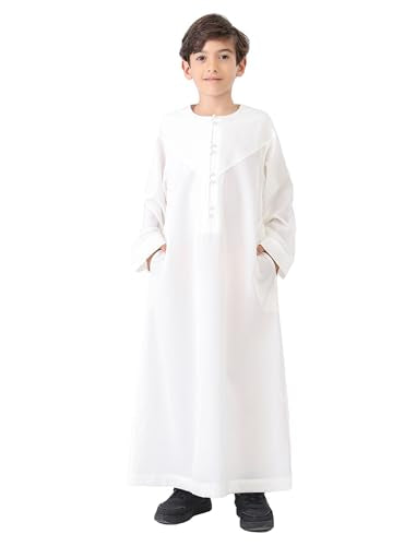 OBEEII Boy's Muslim Thobe Arab Long Sleeve Abaya Kaftan Robe Eid Ramadan Islamic Middle East Dubai Prayer Dress with Pockets - color: White, size: 7-8 Years