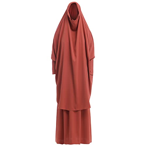 Prayer Clothes for Muslim Women Islamic Abaya Suit Maxi Skirt + Khimar Hijab 2pcss Burka Jilbab Kaftan - color: Orange