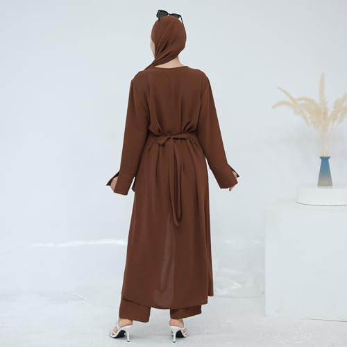 IDOPIP Muslim Women 2-Piece Set Long Sleeve Ramadan Islamic Abaya Dress Shirt with Pants Loose Fit Casual Dubai Prayer Outfit - color: Coffee, size: X-Large-XX-Large
