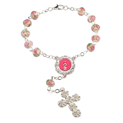 8mm Murano Rose Beads Catholic Virgin Mary Car Rosary for Rearview Mirror with Gift Box - color: White & Pink