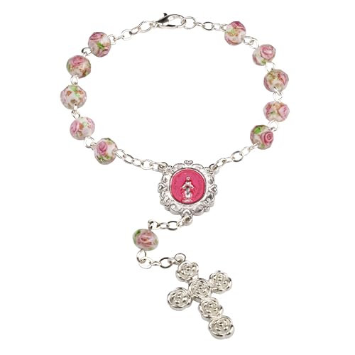 8mm Murano Rose Beads Catholic Virgin Mary Car Rosary for Rearview Mirror with Gift Box - color: White & Pink