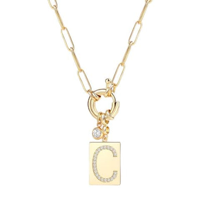 Mint & Lily Gold Initial Necklace for Women – 18K Gold Plated 24” Paperclip Chain with Sparkling Letter Pendant - style: Letter: C